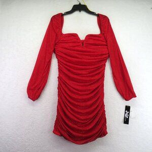 Jump Apparel Dress Size XL Red Long Sleeve Ruched Glitter Mini Knotched Neck New